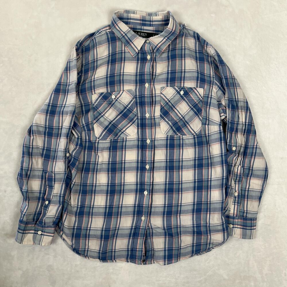 Lauren Ralph Lauren Shirt Womens 1X Plus Blue Plaid Button Front Long Sleeve